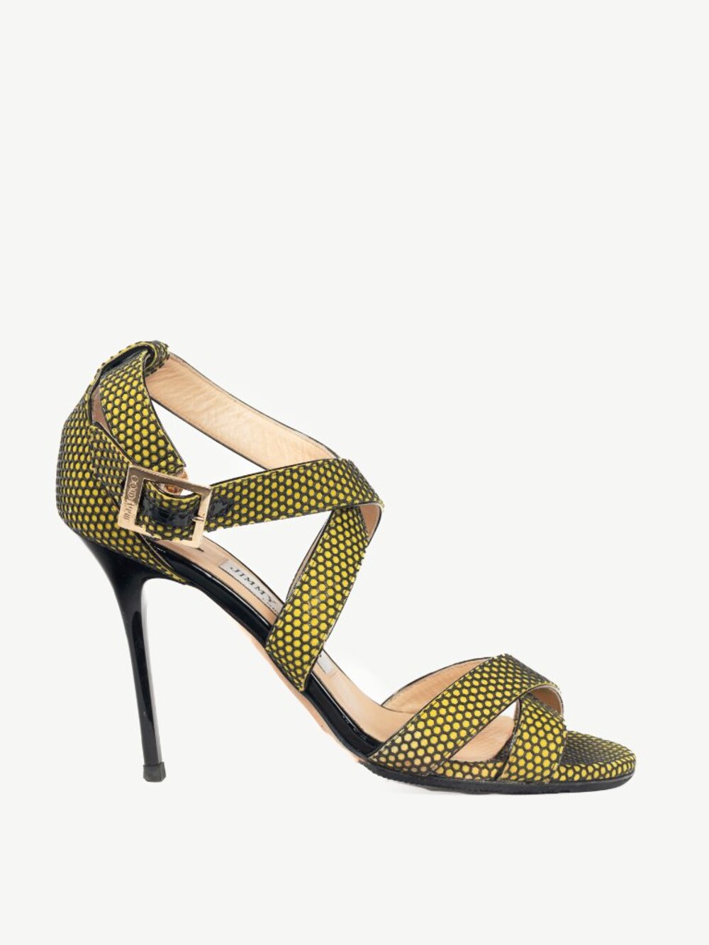 Jimmy Choo Lottie Acid Yellow Honeycomb Suede Strappy Sandals